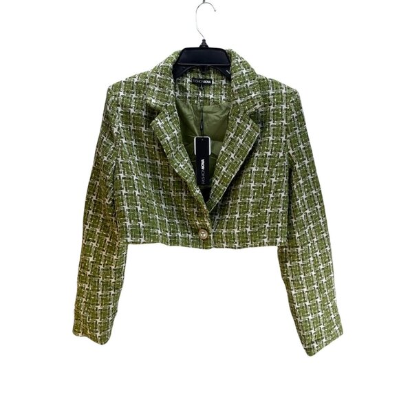 Fashion Nova Christine Tweed Cropped Blazer Jacket L Green White Dressy Preppy - Picture 3 of 10